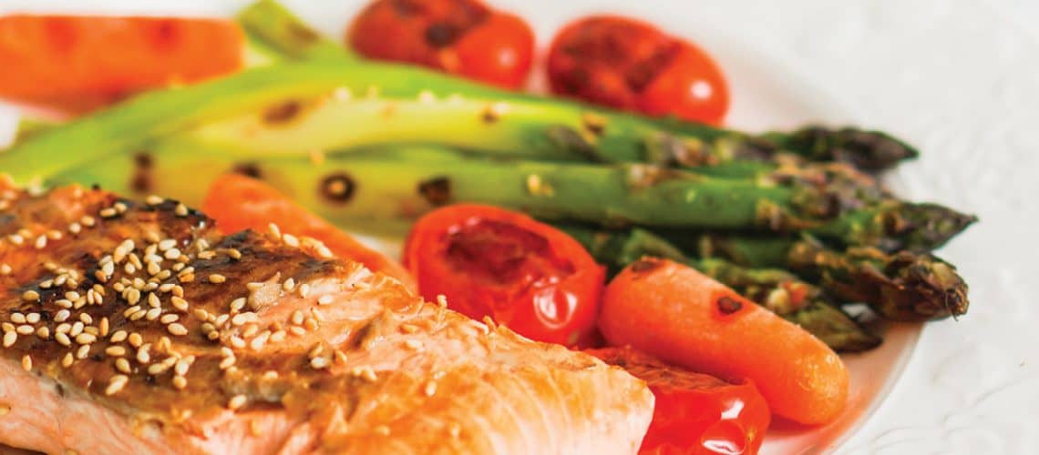 complete meal salmon, asparagus, carrots and baby tomatoes